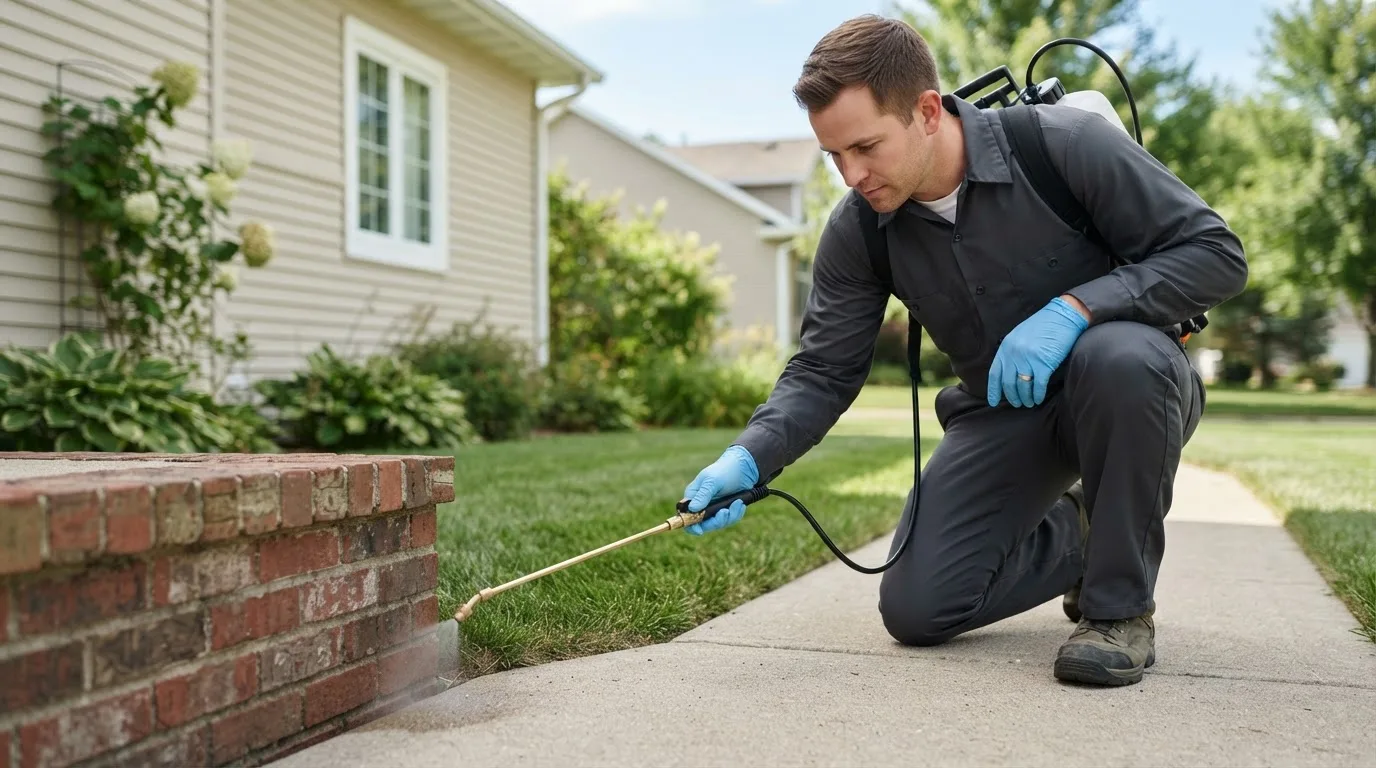 Pest control technician treating a home near Dearborn Heights, MI